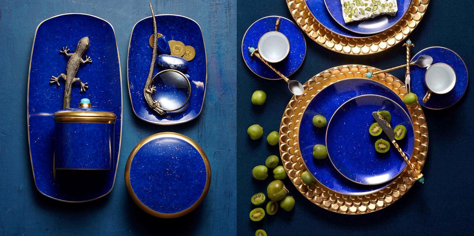 L'OBJET Lapis plates, cups, trays, round box and candle