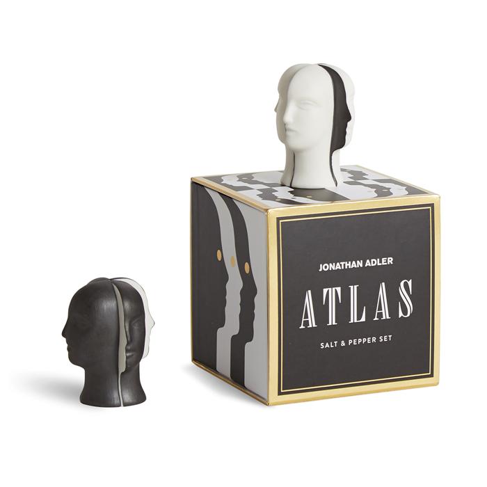 Atlas Pepper next to the box and Salt on top of the box